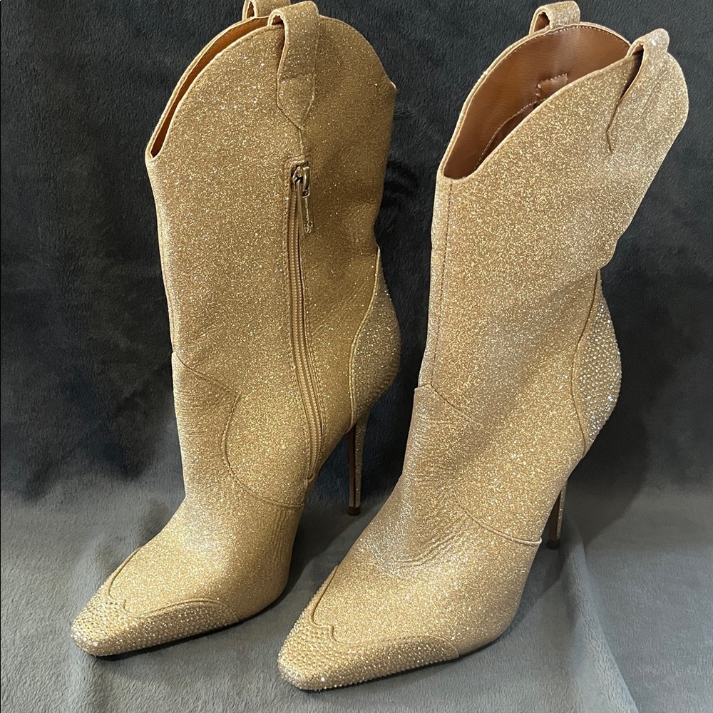 JESSICA SIMPSON Gold Sparkle Heeled Boots SZ 7 women’s boots heels